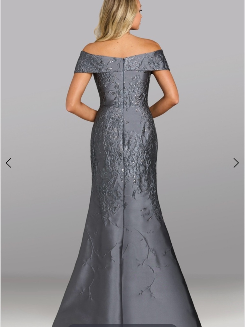 Feriani Couture Off-Shoulder Embroidered Fit and Flare Gown in Slate Gray - Picture 2 of 7